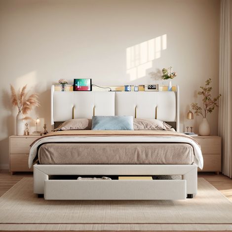 Lit coffre 140 x 200 cm, lit 140x200 avec sommier, lit double avec tiroir, cadre de lit, avec LED et port USB, beige, velours (1/5)