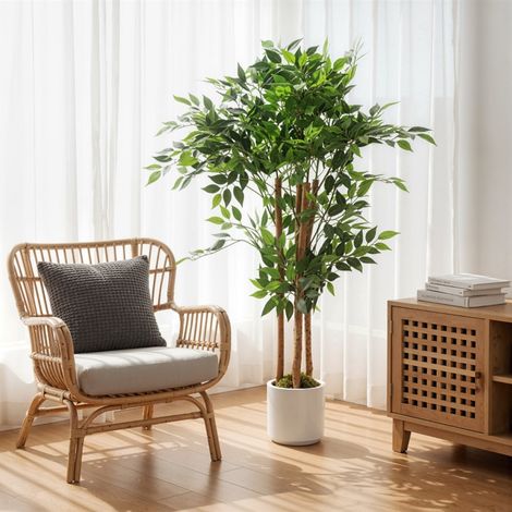 Arbre artificiel de banian, plante artificielle avec tronc en bois massif, pot, pour salon, chambre, bureau, 55 x 55 x 120 cm, vert (1/4)