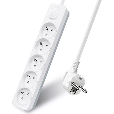 Extrastar Multiprise 5 Prises Interrupteur, 2P+T, Bloc 5 Prises, 3G1,5 mm² 3m Rallonge, Sécurité Enfant, Gris et Blanc, 16A 250 V (1/4)