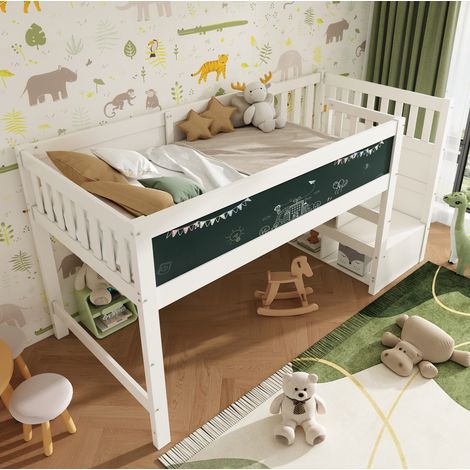 Cama alta infantil 90x200 cm blanca de madera maciza y MDF con escalera reversible y pizarra (1/5)