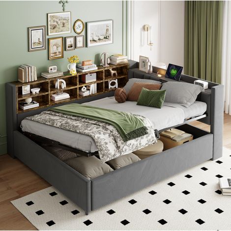 lit adulte double rangement coffre 140x200 velours gris OKMYHOME (1/5)