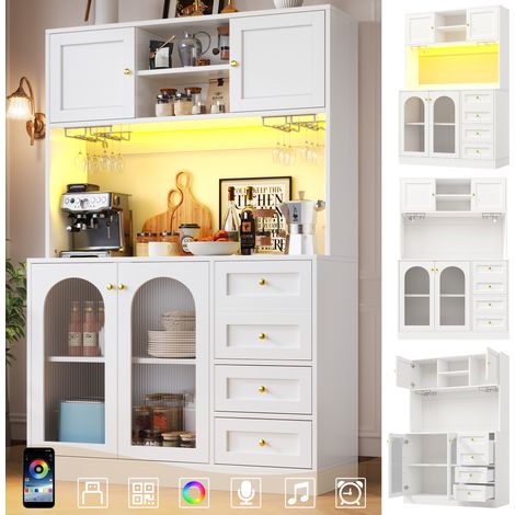 Buffet rustique 4 portes avec éclairage LED et porte-bouteilles, meuble de rangement cuisine 120x40x188cm, vaisselier style campagne, Noir/Blanc