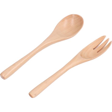 Ensemble cuillère et fourchette en bois naturel, écologique et réutilisable pour salade (1/5)