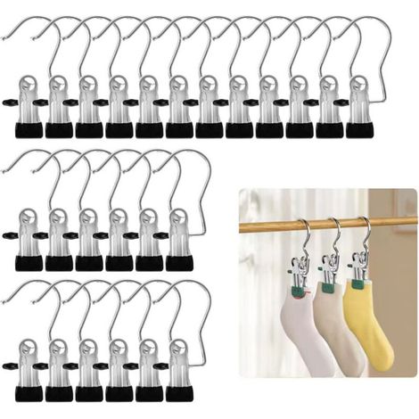 Crochets de suspension portables, argent/noir, lot de 24, pinces pour cintres, crochets pour pantalons, chaussures, serviettes (1/4)