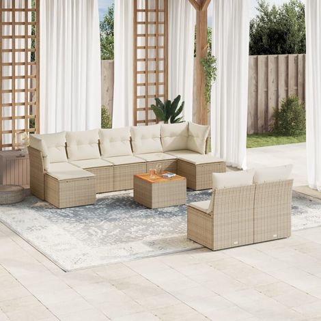 Ensemble Salon Jardin 10 Places Résine Tressée Beige avec Coussins, Table Acacia, Modulaire Rangement Eau (1/4)