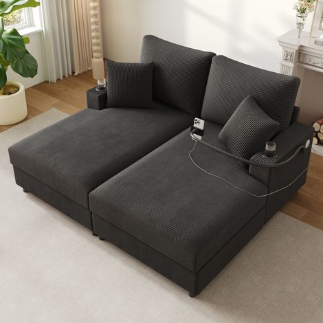Sofá cama 163x140x82 cm gris en pana con USB, USB-C, soporte para móvil y portavasos (1/5)
