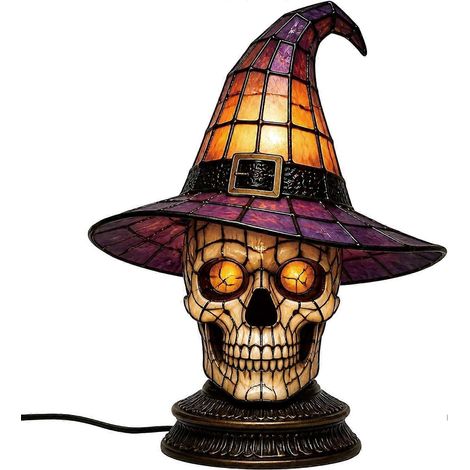 Lampe chapeau de sorcière animalière RUIYUE pour Halloween, lampe de table en résine style vitrail (C)  Veilleuse gothique alimentée par USB avec design mosaïque rétro ( ) (1/5)