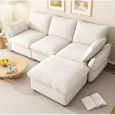Canapé d'angle avec ottomane et 1 pouf, 3 places en chenille beige, 222,5 x 154,5 x 76,5 cm OKMYHOME (1/5)