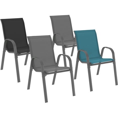 Idmarket – Lot de 4 chaises de jardin empilables en métal et textilène – Coloris gris, noir et bleu – Confortables avec accoudoirs – Idéales pour extérieur