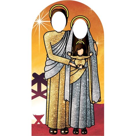 Figurine en carton Passe tête Joseph et Marie et Jésus -Sainte Famille fond doré Haut 174 cm