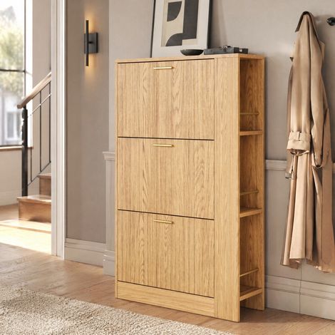 Moderner Schuhschrank aus MDF in Natur, 3 Türen, offene Fächer, 70 x 23,5 x 115 cm (1/5)