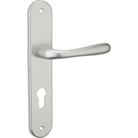 Poignée de porte d'entrée Pelope avec trou de cylindre – Carré 7mm – Entr'axes 195mm – Acier embouti finition argent (1/3)
