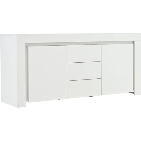 Buffet de salon blanc brillant 140 x 40 x 65 cm, 2 portes, 3 tiroirs et LED (1/5)