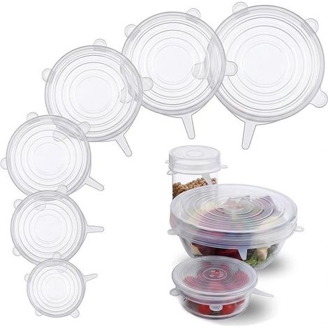 Couvercles extensibles en silicone réutilisables et résistants, disponibles en plusieurs tailles (lot de 6), pour la cuisine, les fêtes et le camping (blanc). (1/5)