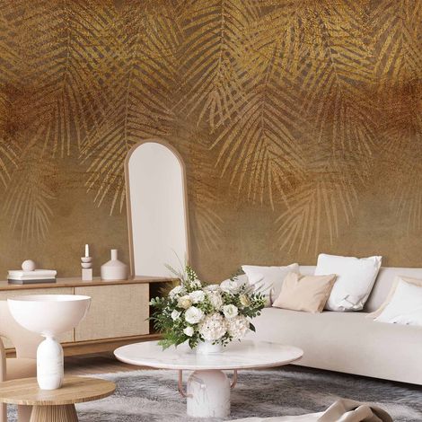 Papier peint - Nature abstraite en beige - composition avec des feuilles exotiques dorées (1/5)