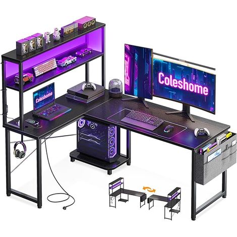 Corner Desk with LED and Sockets, 135 x 100 cm, Black (1/5)