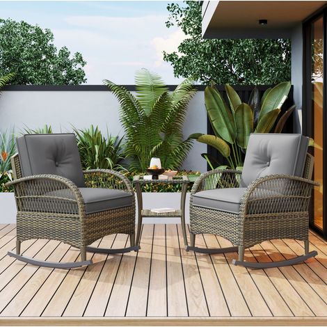 Ensemble de mobilier de jardin en rotin gris et métal, 2 fauteuils à bascule avec coussins et table en verre trempé (1/5)