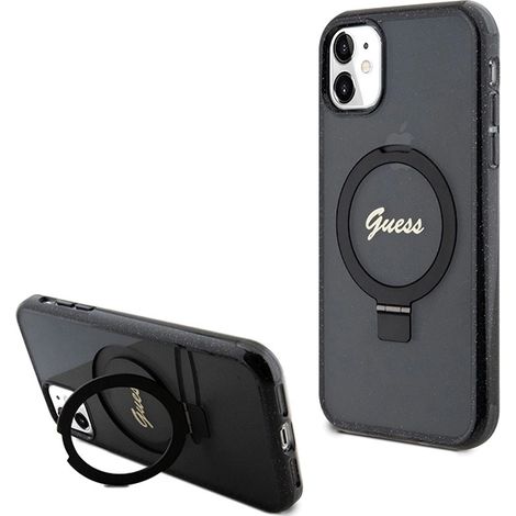 Guess GUHMN61HRSGSK iPhone 11 / Xr 6.1 schwarze/schwarze Hartschalen-Hülle mit Ringständer, Schriftzug, Glitzer und MagSafe (1/5)