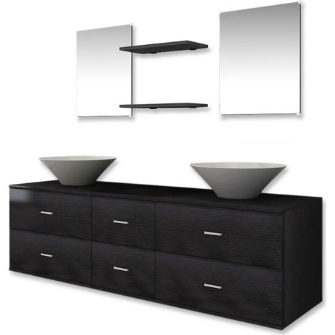 Ensemble de meubles de salle de bain 150 x 45 x 45 cm 2 lavabos 2 miroirs design moderne en bois d'ingénierie noir