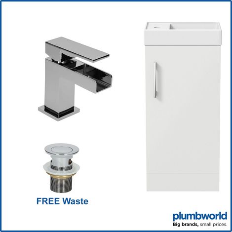400mm White Gloss Bathroom Vanity Unit with Basin Sink Storage with Dakota Waterfall Mixer Tap & Waste (1/5)