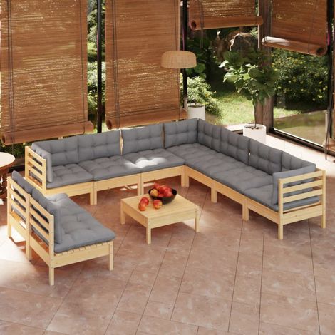 10-tlg. Garten-Lounge-Set mit Grauen Kissen Massivholz Kiefer vidaXL (1/5)