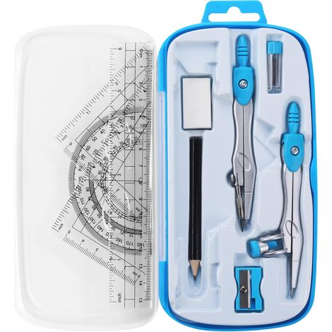 Kit de géométrie mathématique 10 pièces pour élèves - Étui de rangement incassable inclus  Règle, rapporteur, compas, gomme, taille-crayon, recharges (2 paquets), crayon et outil de dessin, bleu (1/5)