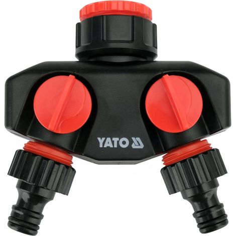 YATO 2-Wege Wasserverteiler Wasserhahnverteiler mit 2 Ventilen für 3/4"- oder 1"-Gewinde, Adapterstücke UV-beständig, ABS/POM, Gartenschlauch Verteiler für Gartenbewässerung
