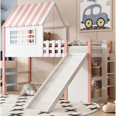 Cama infantil alta 208x120x218.5 cm con rampa, escalera y almacenaje, madera maciza y MDF rosa (1/5)