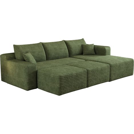 Sofá chaise longue en L de pana verde 241 cm con asiento profundo sin montaje HOMVRA (1/5)