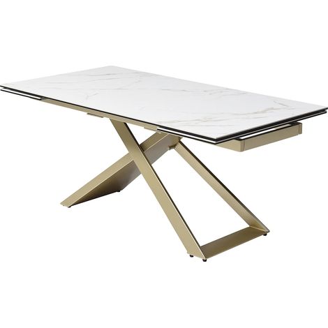 Vente-Unique – Table extensible 6 à 10 personnes en céramique et verre trempé – Effet marbre blanc et doré – 2 allonges intégrées – Piètement métal (1/5)