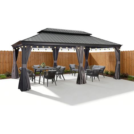 PURPLE LEAF 6 x 3,65 m tonnelle de jardin, pergola aluminium extérieure avec moustiquaire et rideaux, hardtop pavillon double toit en acier galvanisé avec guirlande LED, gris (1/5)