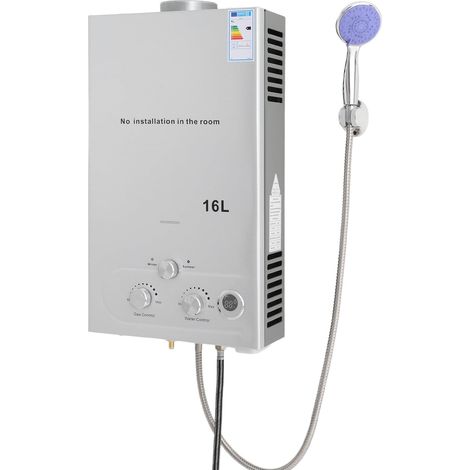 LPG - Chauffe-eau électronique instantané - Avec pommeau de douche et tuyau - Chauffage à gaz pour camping, caravane et jardin - Haute efficacité (≥ 80,8 %) - Montage facile (16 l, 32KW)