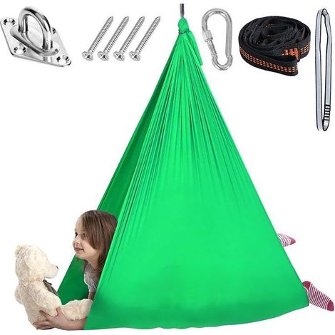 Vert 280&150 cm Hamac élastique pour enfants, suspension d'intérieur, yoga pour adultes, chaise suspendue d'extérieur élargie, balançoire de patio, entraînement à l'intégration sensorielle. (1/5)