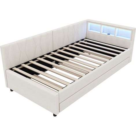 Tagesbett 90 x 200 cm mit Ausziehbett, LED, USB-C, Ablagen, beiger Leinenbezug (1/5)