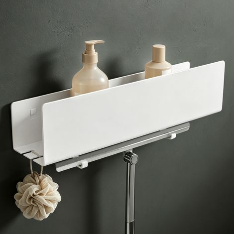 Mai & Mai Mensola da Parete con 2 Ganci Scorrevoli, Mensola Doccia in Metallo Rimovibile, Mensola da Appendere per Bagno, Cucina, Ingresso e Camera da Letto, 40cm, Bianco, Reglo-18 (1/5)