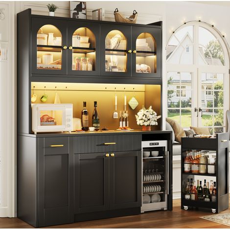 MODFU – Armoire haute cuisine 120x40x187 cm MDF/métal – LED RGB, vitrines et tablettes coulissantes – Charge 100 kg – Cuisine – Noir (1/5)
