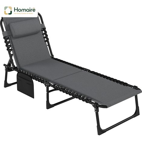 HOMAIRE Sonnenliege klappbar Garten mit Kopfkissen, Seitentasche, polstert, 5-Fach verstellbarer Rückenlehne, wetterfest, bis 120 kg, Dunkelgrau