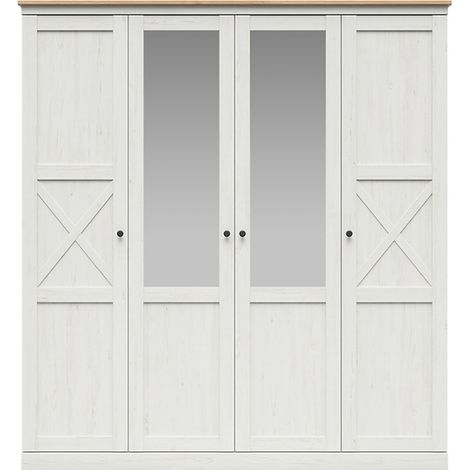 Armoire placard 4 portes avec miroirs et penderies coloris Pin andersen blanchi/chêne artisan - Longueur 203 x Profondeur 58 x Hauteur 220 cm (1/5)