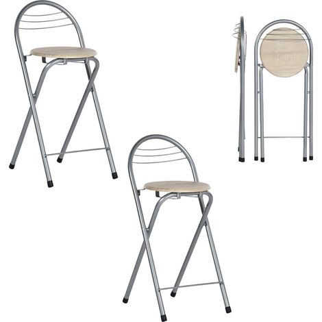 Klappbarer Barhocker 2er-Set, keine Montage, Sitzhöhe 61cm, Holzoptik & Silber (1/5)