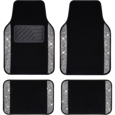 Tapis de sol de voiture avec strass brillants et diamants brillants avec talon antidérapant en PVC pour SUV, berline, voiture, camionnette, 4 pièces pour fille et femme (argenté noir) (1/5)