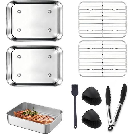 Lot de 7 plats à gratin en acier inoxydable, compatibles avec AF400EU AF451EU AF500EU DZ400EU, 2 plats à gratin en acier inoxydable, 2 grilles de cuisson, pinceau à huile, gant thermique, pince (1/5)