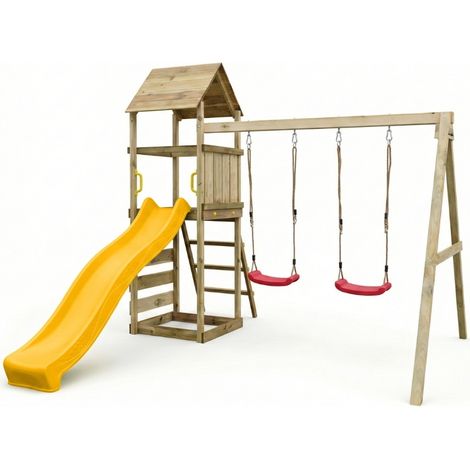 Parco giochi in legno Maxplay 2.2 con scivolo giallo, doppia altalena e torre (1/5)