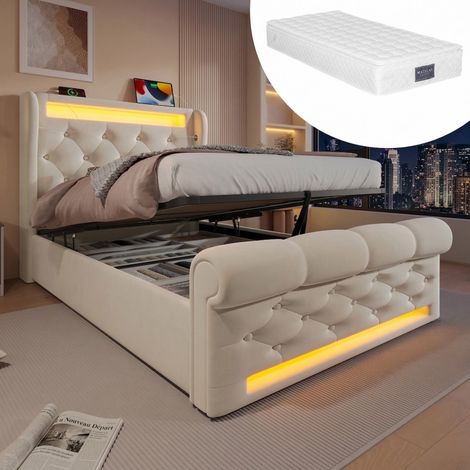 Lit coffre 90x200 cm en velours beige avec LED, USB-C et matelas inclus (1/5)