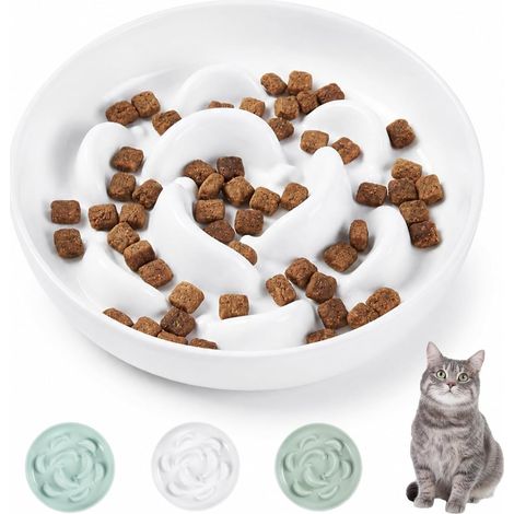 Melamine Anti-Glutton Cat Bowl - Slow Feeding Bowl with Anti-Vomiting Labyrinth - Pastel Series Colours - Ivory White - 16 x 3 cm (1/5)