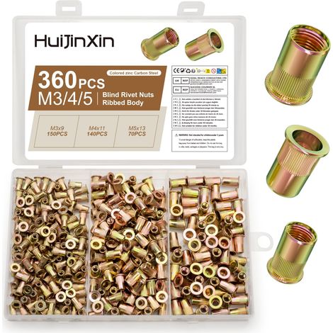 360 Pcs Insert Fileté Metal, Ecrou a Sertir, M3 M4 M5 Écrous à Sertir Rivet Fileté, Écrou de Rivet a Tête Plate en Acier Carbone, Manchons Écrous d'Insertion Filetés pour Tôles, Bois, électricité (1/5)