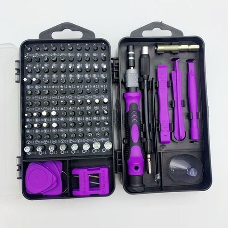 Juego de destornilladores 115 en 1, herramienta multifuncional para reparaciones, mantenimiento y herramientas, así como para reparación e instalación de bicicletas (morado).