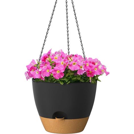 Pot à Plantes Suspendu Auto-arrosant de 30 cm avec Trous de Drainage et Soucoupe Pot à Fleurs en Plastique pour Plantes d'Intérieur et d'Extérieur (Noir) (1/5)