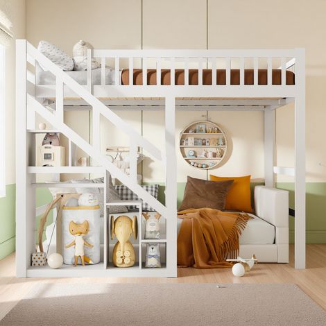Lit Double Mezzanine 140 x 200 cm, Lit Enfant, Lit Superposés avec Escalier de Rangement, Bois Massif, Sommier à Lattes, Barrière de Sécurité, Blanc
