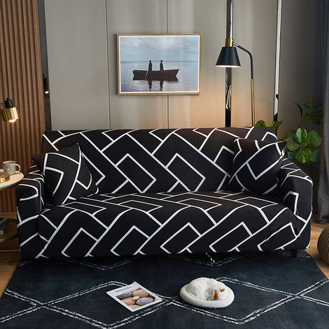 1 Housse de canapé extensible - Housse de canapé imprimée, Housse de canapé extensible antidérapante, Causeuse noire 145-185. (1/5)