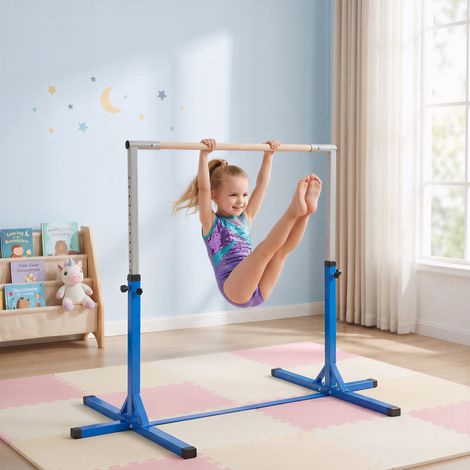 Barre de gymnastique fixe pour enfants – barre réglable en hauteur sur 13 niveaux (de 92 à 150 cm) – en acier bleui et bois de hêtre (1/5)
